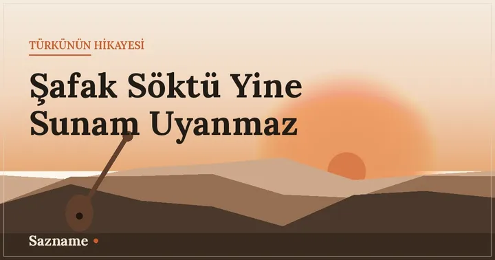 Şafak vakti dağ silüeti ve bağlama, sıcak Anadolu tonları